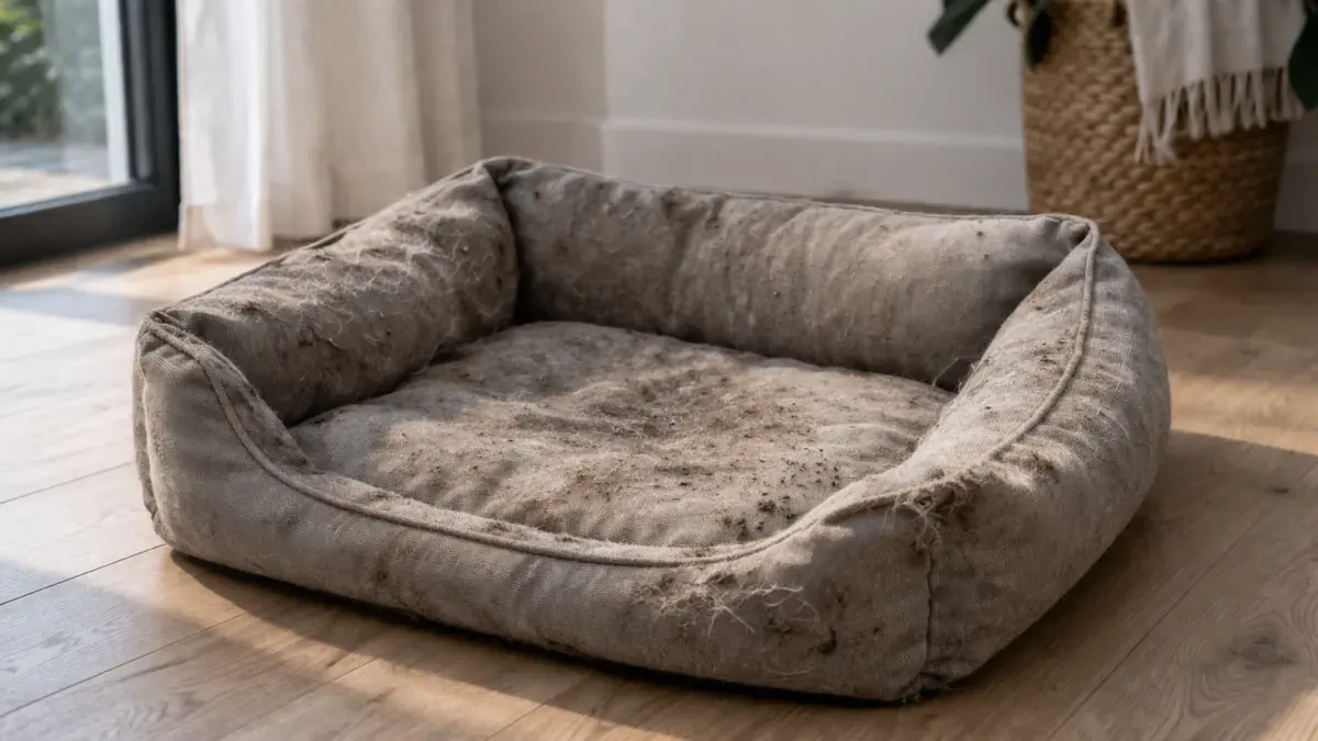 Hundebett mit Verschmutzungen vor der Reinigung