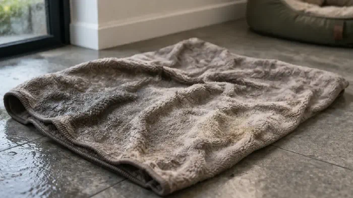 Hundedecke mit sichtbarer Verschmutzung vor der Reinigung