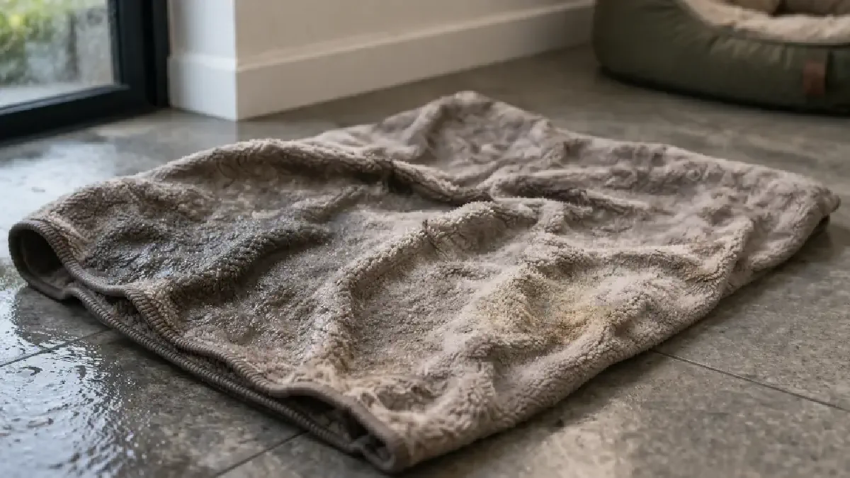 Hundedecke mit sichtbarer Verschmutzung vor der Reinigung