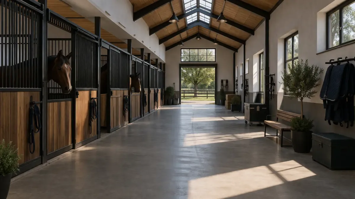 Moderner Reitstall am Niederrhein mit Boxen und Reitplatz